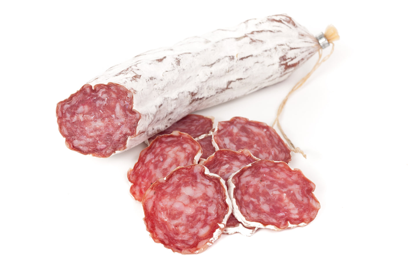 cured sausage on a white background